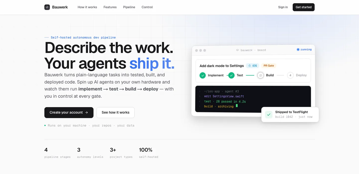Startseite von Bauwerk mit dem Slogan „Describe the work. Your agents ship it.“