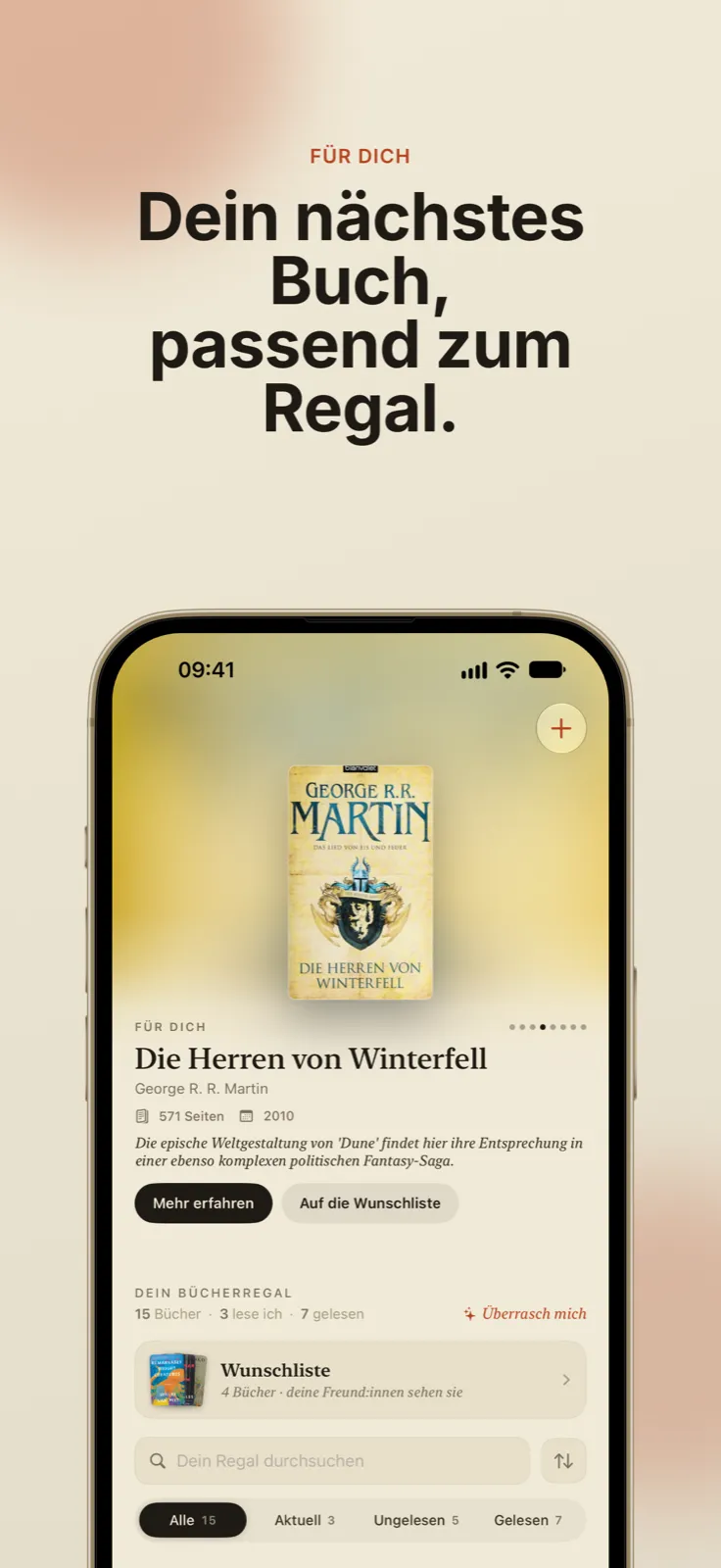 Booqly mit Buchempfehlung und dem eigenen Bücherregal
