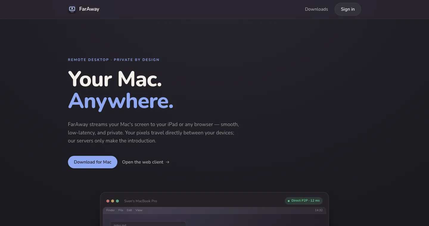 Startseite von FarAway mit dem Slogan „Your Mac. Anywhere.“