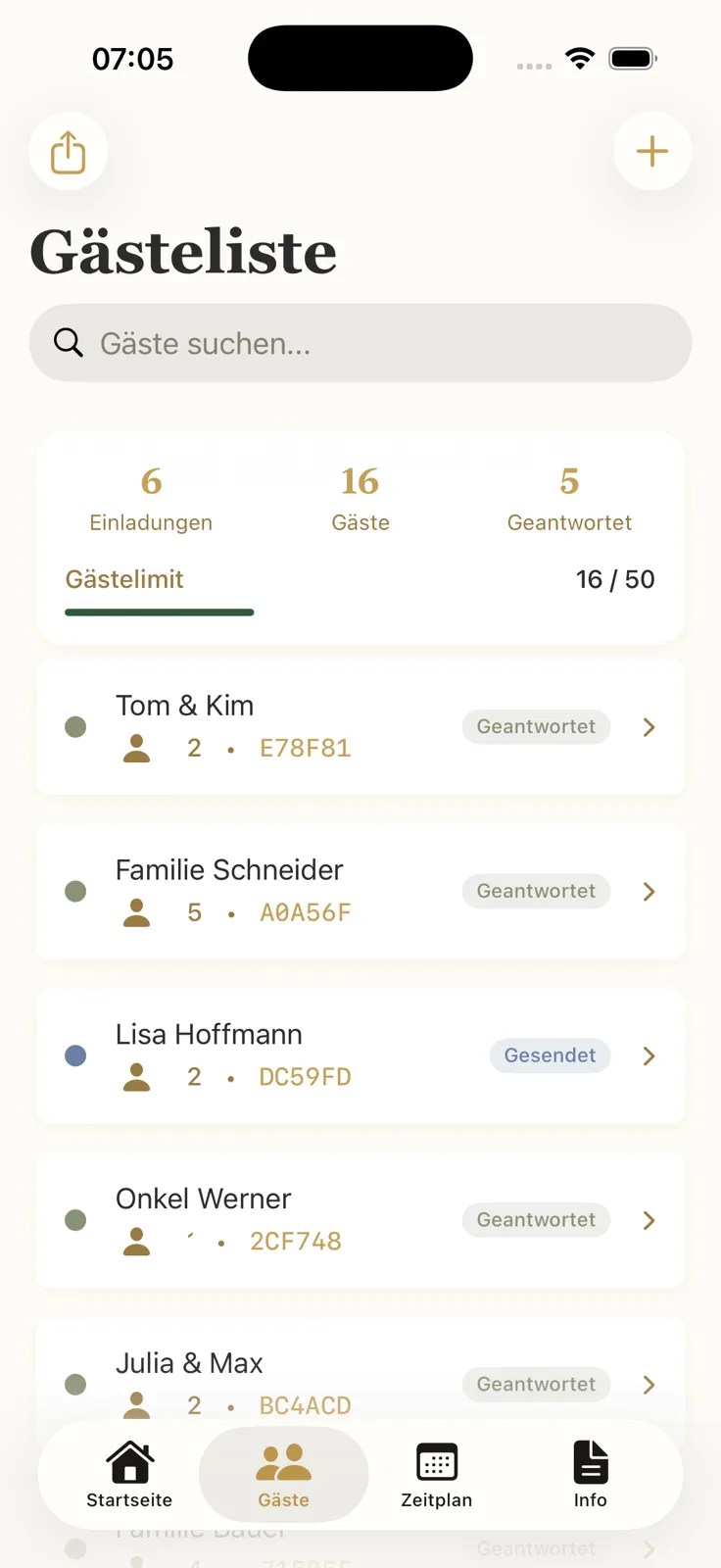 Gästeliste mit Einladungscodes und Antwortstatus