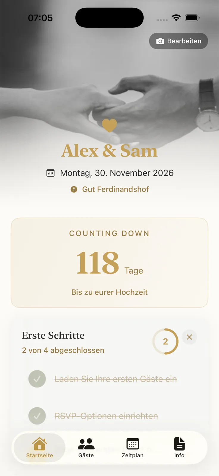 Startseite der App mit Countdown bis zur Hochzeit