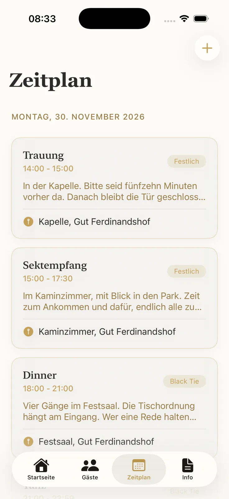 Zeitplan des Hochzeitstags