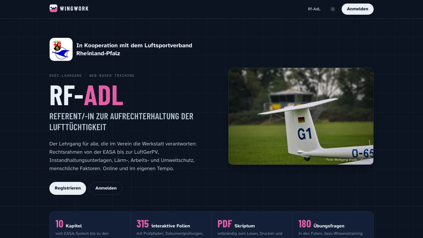 Startseite von WingWork mit dem Lehrgang Rf-AdL